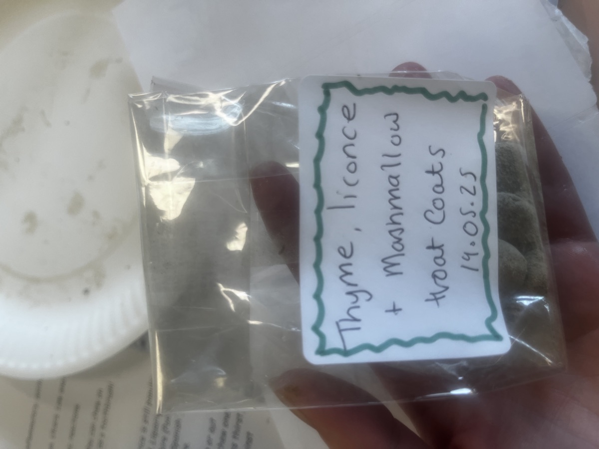 A handmade herb packet labelled Thyme, Liquorice and Marshmallow Throat Coats, dated 19.05.25, made during a Junior Herbalist Club session